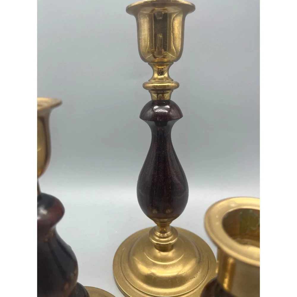 Vtg‎ Brass & Wood set 3 Candlestick holders dark wood Traditional Classic style
